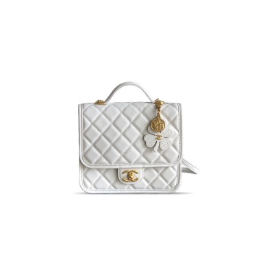 CHANEL BACKPACK GRAINED SHINY CALFSKIN & GOLD-TONE METAL WHITE AS5715 (22*19.5*7cm)